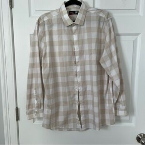 jf j.ferrar Beige and White Plaid Dress Shirt